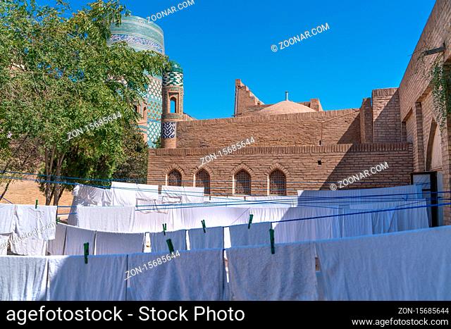 The clothesline in small uzbek home yard in Khiva