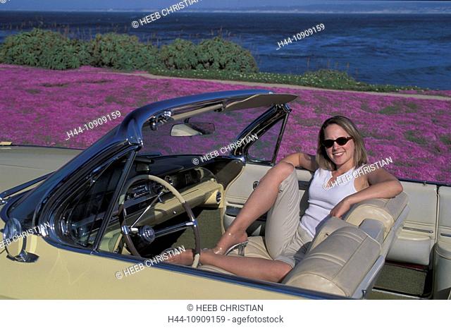 Woman, car, 1962, Cadillac, Pacific Grove, Monterey Peninsula, California, USA, United States, America