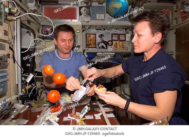 Astronaut Peggy A. Whitson (right) and cosmonaut Sergei Y. Treschev, both Expedition Five flight engineers, share a meal in the Zvezda Service Module on the...