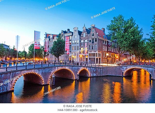 Holland, Netherlands, Europe, Amsterdam, Keizergracht, canal, channel, bridge, in, evening