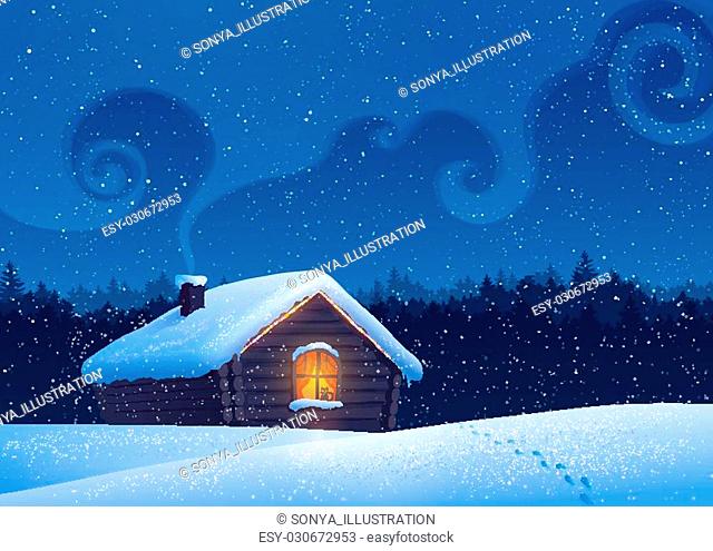 Vector illustration of winter landscape with house