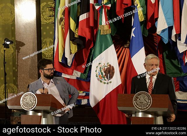 November 23, 2022, Mexico City, Mexico: The President of Chile, Gabriel Boric and Mexico’s President Andres Manuel Lopez Obrador speak during a briefing...