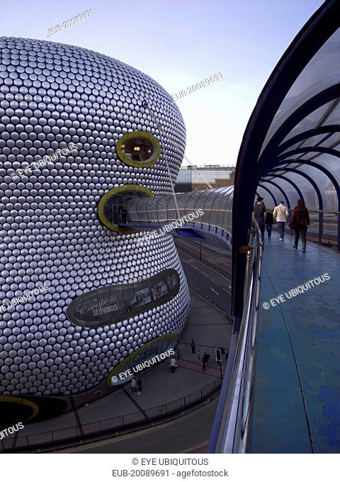 Exterior of Selfridges department store in the Bullring shopping centre. People on elevated walkway to the carpark