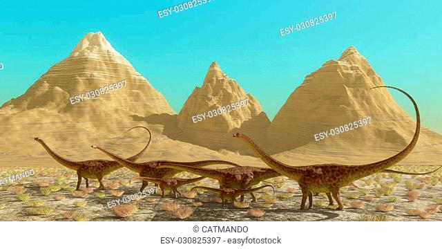 A herd of Diplodocus dinosaurs cross a desert on their annual migration to a warmer region