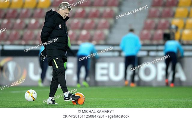 Coach of Sparta Zdenek Scastny attends a training session prior to the fifth round, Group K, the UEFA Europa League match AC Sparta Praha vs Asteras Tripolis in...