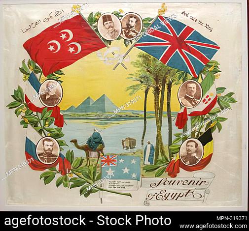 Poster. Souvenir of Egypt, World War I, 1914-1918. Printed silk cloth with fringe, featuring images of pyramids, a camel, crossed flags of the UK and Egypt
