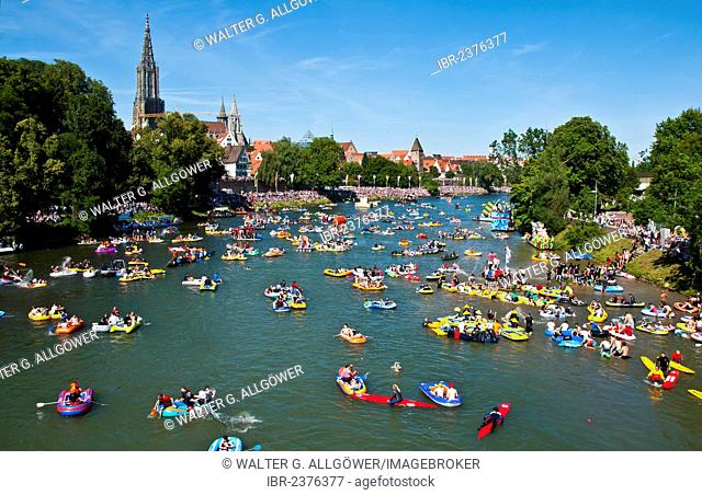 Themed boats at the Nabada boat parade on Schwörmontag, a traditional Ulm holiday, Danube, Ulm, Baden-Wuerttemberg, Germany, Europe, PublicGround