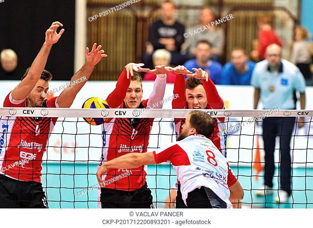 L-R Filip Krestan, Petr Ondrovic and Pawel Halaba of Budejovice and Axel Jacobsen of Hapoel in action during the 2018 CEV Volleyball Champions League - Men
