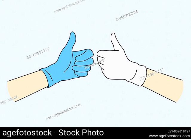 Positive emotions in gestures concept. Human hands in blue and white latex gloves showing thumb up sign vector illustration