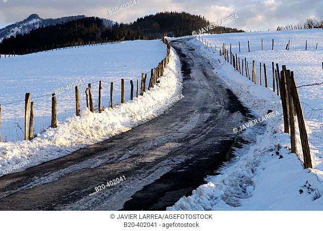 Road with ice and snow. Lazkaomendi, Gipuzkoa, Euskadi
