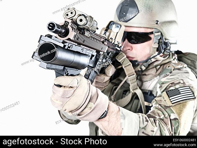 United States Army ranger with assault rifle and grenade launcher