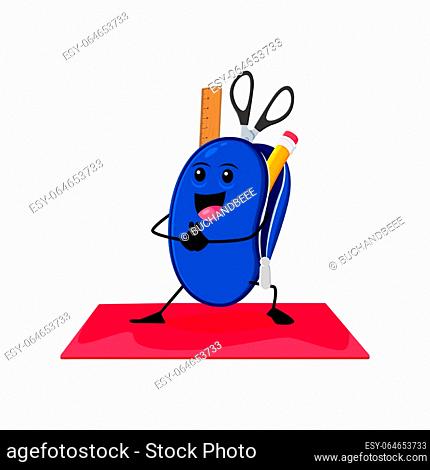 Cartoon pencil case school supply character on yoga fitness sport showcasing flexibility and balance. Vector playful personage keeps pens and pencils organized...