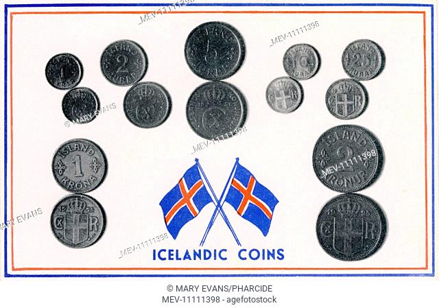 Postcard showing Icelandic coins from 1 eyrir to 2 krona with the monogram of King Christian X on one side and the denomination on the other side