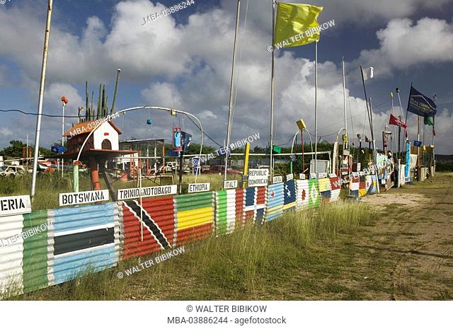 Bonaire, Kaminda Tras di Montana Road fence corrugated iron, paints, flags, nations, ABC-Inseln, little one Antilles, Dutch Antilles, Caribbean, island
