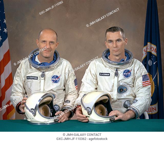 Gemini-9 prime crew portrait with astronauts Thomas P. Stafford (left), command pilot, and Eugene A. Cernan, pilot