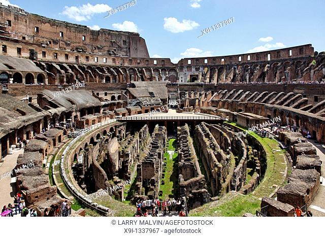 Inside the Roman Colosseum on a sunny spring day in Rome