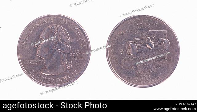 Twenty five American cents on a white background, front and back