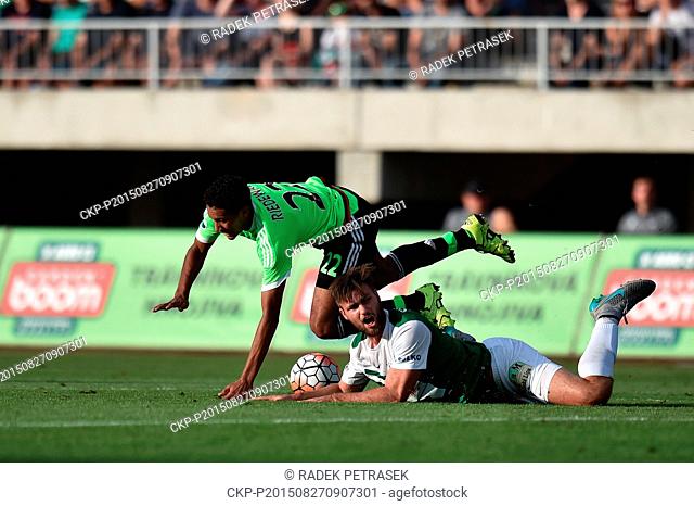 Tomas Wagner from Jablonec, bottom, and Jairo Riedewald from Ajax in action during the fourth qualifying round of the UEFA Europa League match FK Jablonec vs...
