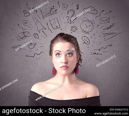 A dark brown haired pretty teenage girl with thoughts in her head illustrated by question mark, rocket, money, coffee, clock, email