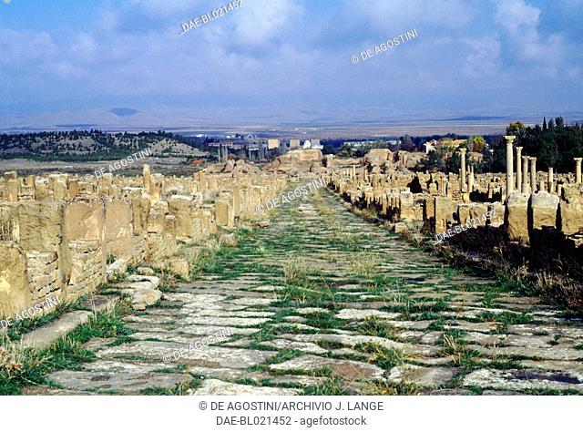Paved road, ruins of the Roman city of Timgad (formerly Thamugadi), founded in ca 100 AD by order of Trajan (Unesco World Heritage List, 1982), Algeria