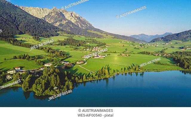Austria, Tyrol, Kaiserwinkl, Aerial view of lake Walchsee