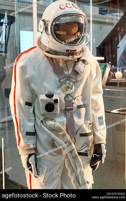 Moscow, Russia - November 28, 2018: Russian astronaut spacesuit in Moscow space museum that was specially developed for early space vehicle missions