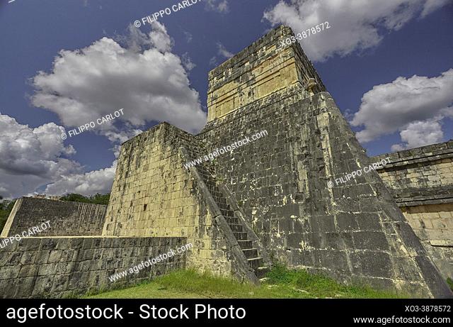 Side-rear view of the Temple of the Jaguar in the archaeological complex of Chichen Itza in Mexico