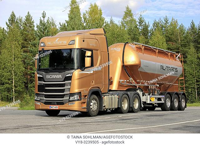 Lempaala, Finland - August 27, 2018: Next Generation Scania R450 semi trailer of RL-Trans, a Finnish bulk, adr and logistics company, on truck stop