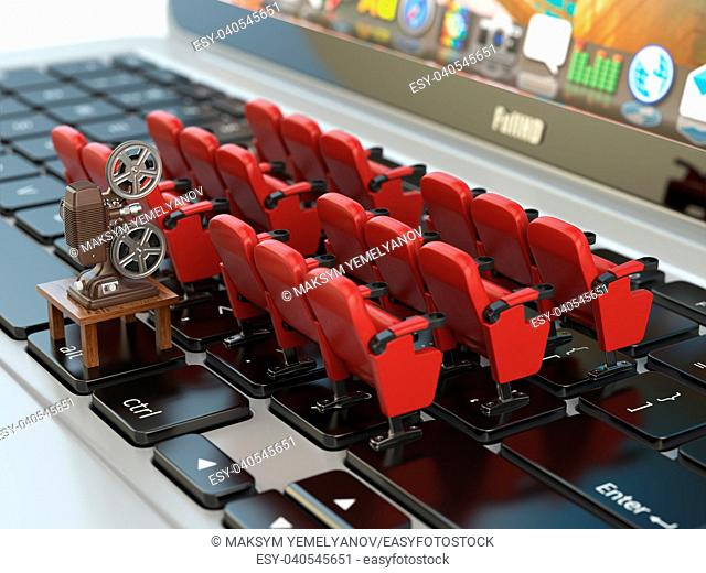 Video player application or home cinema concept. Laptop and rows of cinema seats, 3d illustration