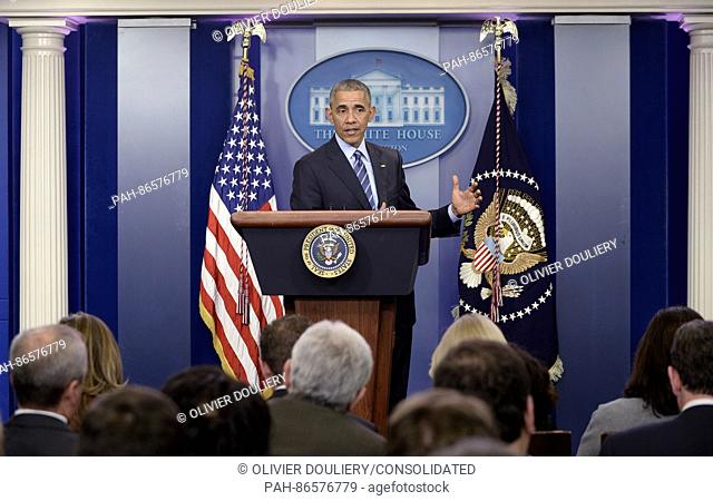 United States President Barack Obama conducts his final press conference of the year in the press briefing room of the White House in Washington, DC