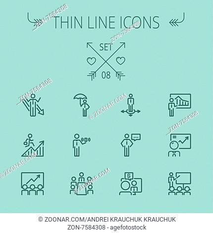 Business thin line icon set for web and mobile. Set includes- people, wifi, arrows, money, umbrella icons. Modern minimalistic flat design