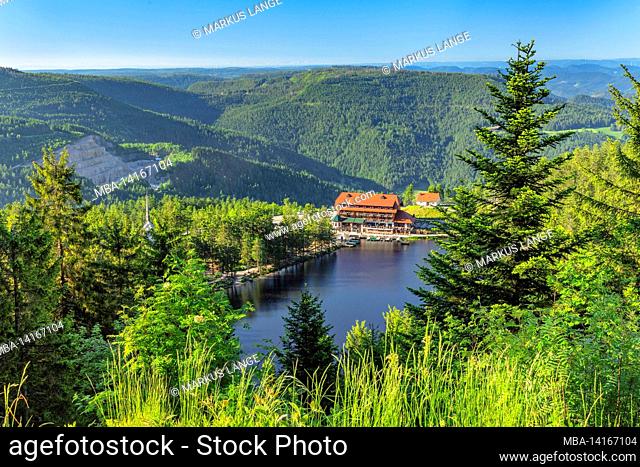 view over the mummelsee to the berghotel mummelsee, black forest national park, baden-wuerttemberg, germany