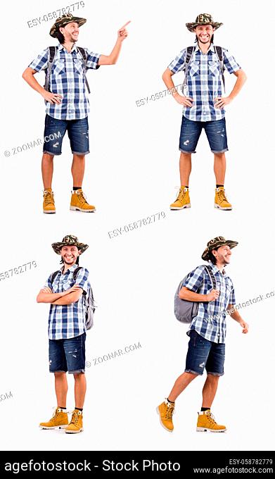 Young traveller pressing virtual button isolated on white