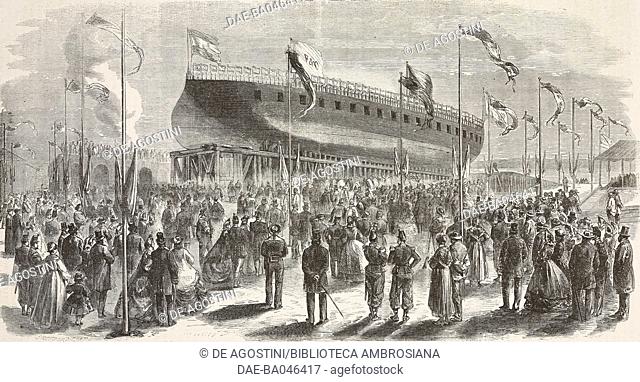 Launch of the French frigate the Numancia, Toulon, France, illustration from L'Illustration, Journal Universel, No 1083, Volume XLI, November 28, 1863