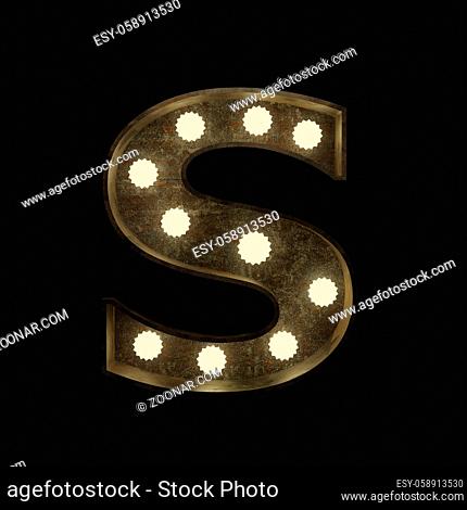 Metal letter S with small lamps on a dark background, 3d rendering