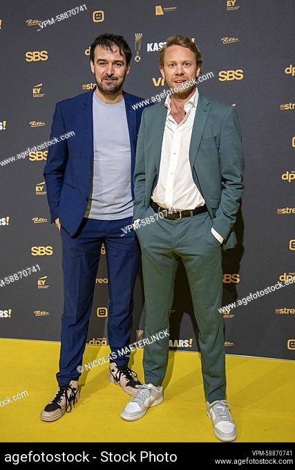 actor and television maker Joris Hessels and actor Rik Verheye pictured on the 'golden' carpet ahead of the first edition of the 'Kastaars'