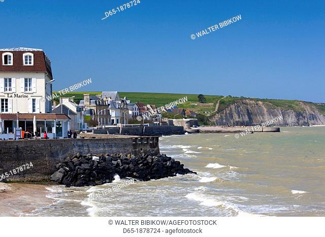 France, Normandy Region, Calvados Department, D-Day Beaches Area, Arromanches les Bains, waterfront and La Marine Hotel