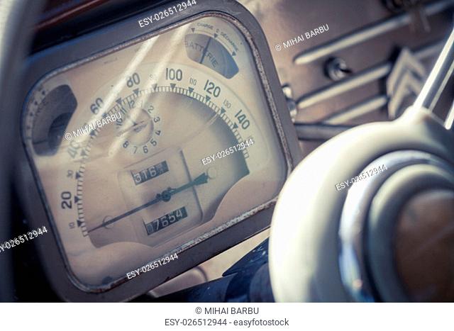Color image of the dashboard of a retro car