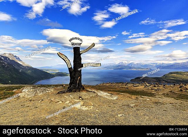 Signposts to Kiruna, Ivalo and the North Cape, View of Kvaenangen, Kvænangen Fjord, Gildetun, Sørstraumen, Troms, Norway, Europe