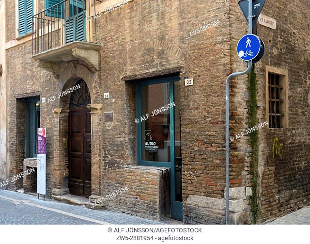 Exterior of Casa Rossini, Gioacchini Rossini's birthplace and museum in Pesaro, Marche region, Italy