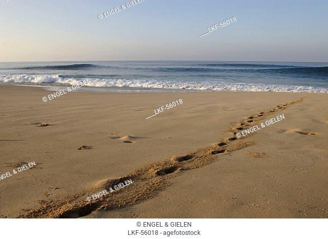 Footprints in the sand on the beach in the early morning, Maunalua Bay, Honolulu, Hawaii, America, USA