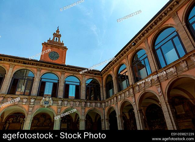 BOLOGNA, ITALY - MAY 20, 2018: The Palazzo of the Archiginnasio. The first permanent palace of the ancient University. Built in 1563