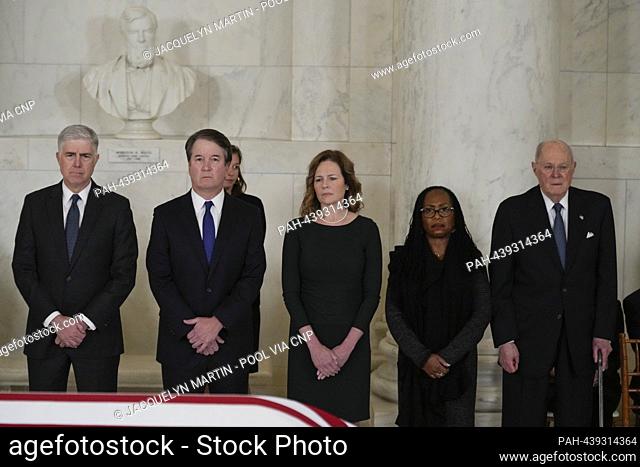 From left to right: Associate Justices of the Supreme Court Neil M. Gorsuch, Brett Kavanaugh, Amy Coney Barrett, Ketanji Brown Jackson and former Associate...