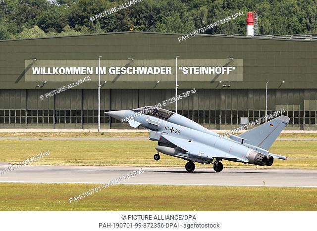 01 July 2019, Mecklenburg-Western Pomerania, Laage: A Eurofighter lands in Laage near Rostock after a training flight. One week after the crash of two fighter...