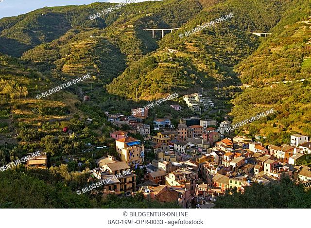 View over the town of Monterosso al Mare in the Parco Naturale Cinqü Terre National Park at the Ligurian Coast, North West Italy