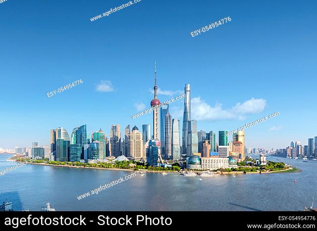 shanghai skyline in sunny sky, beautiful cityscape of pudong financial center