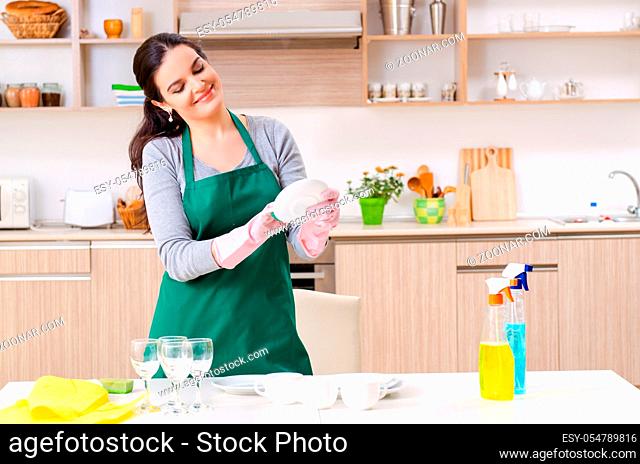 The young female contractor doing housework