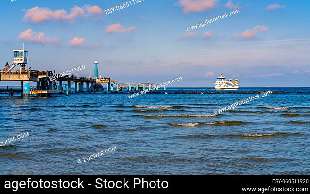 Sellin, Mecklenburg-Western Pomerania, Germany - September 30, 2020: A ferry arriving at the Sellin Pier