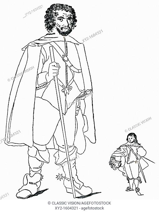 Walter Parsons, aka The Staffordshire Giant, 7 feet 6 inches, left, alive during the reign of king James I and a bodyguard to the king, with Sir Jeffrey Hudson