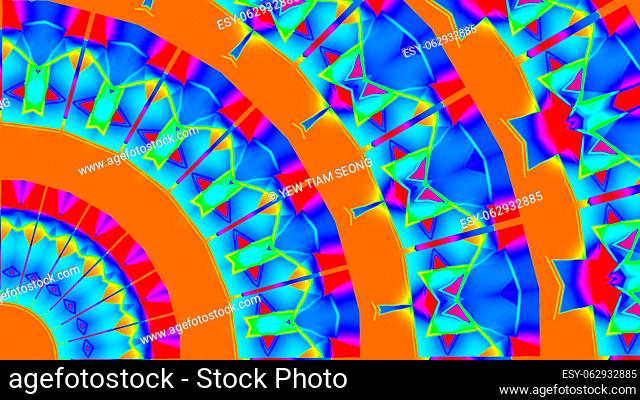 Colorful vibrant kaleidoscope pattern background. 2D layout illustration